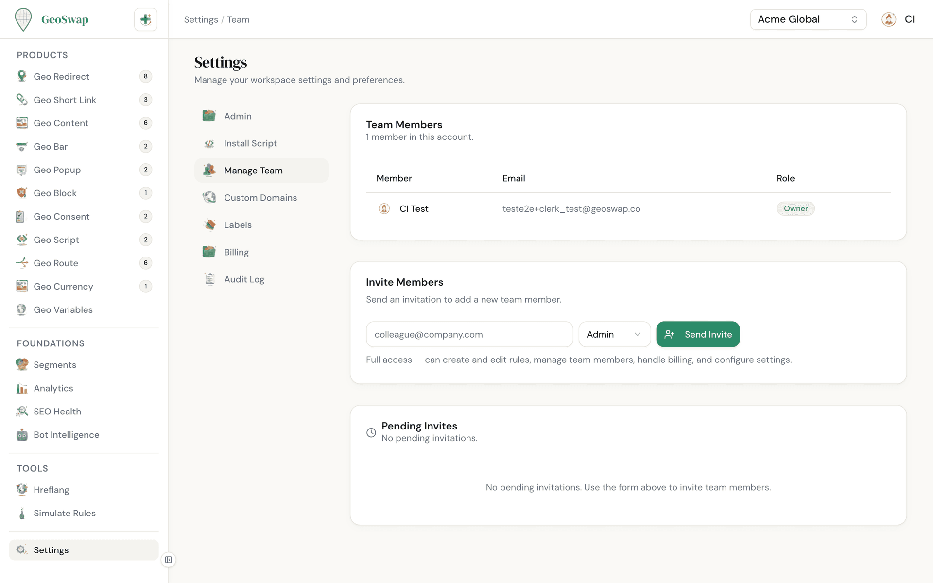 GeoSwap team settings page showing team members and their roles