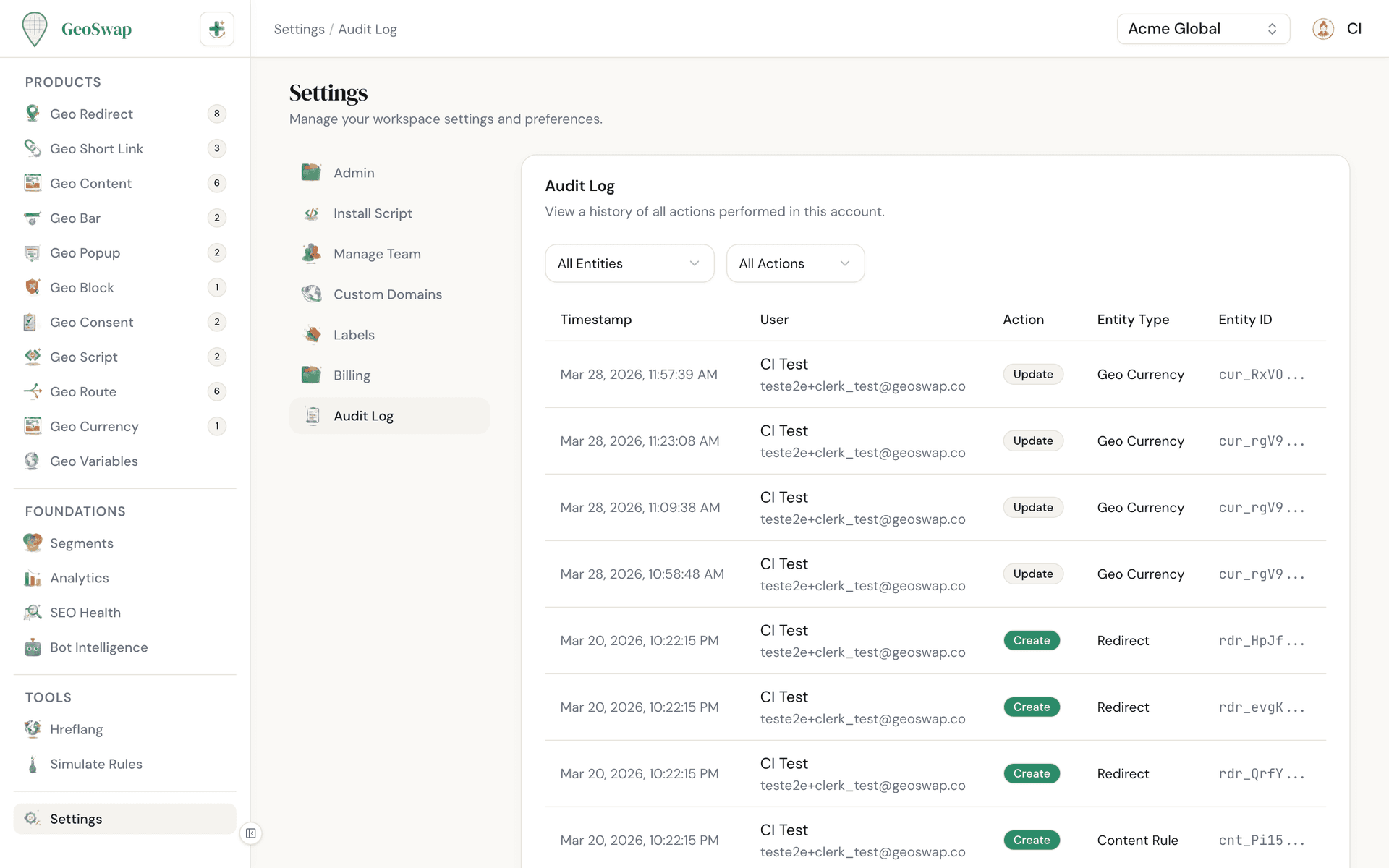 GeoSwap audit log showing a chronological list of workspace changes
