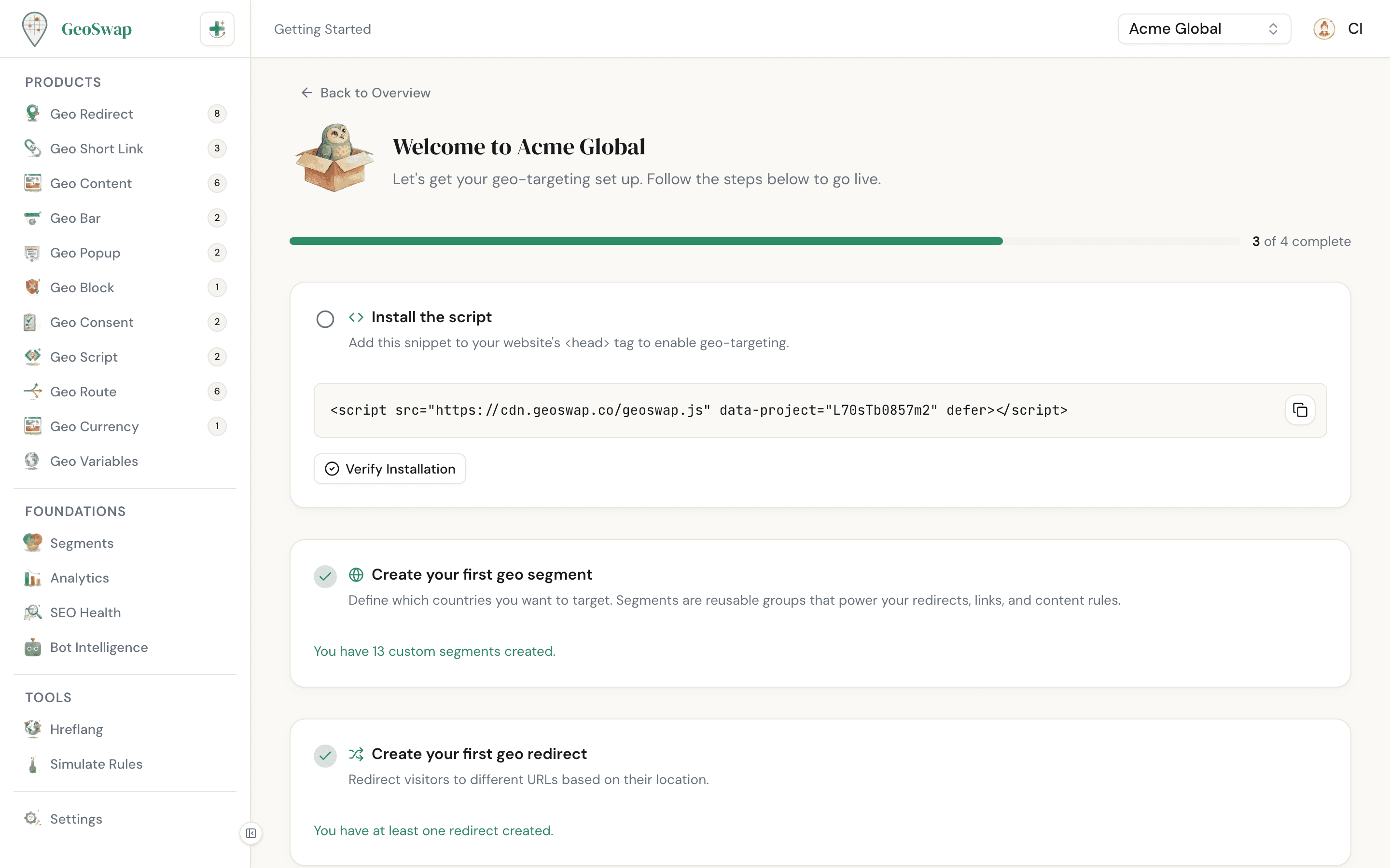 GeoSwap getting started dashboard