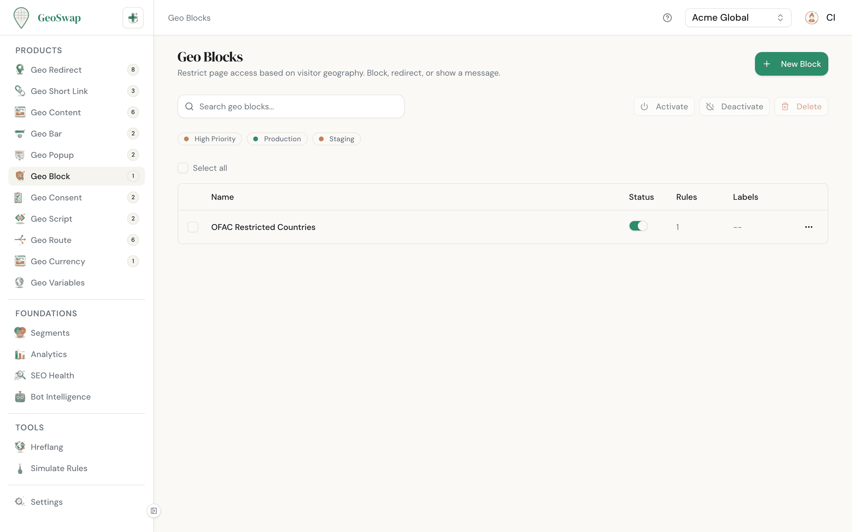 GeoSwap Geo Blocks dashboard showing access restriction rules