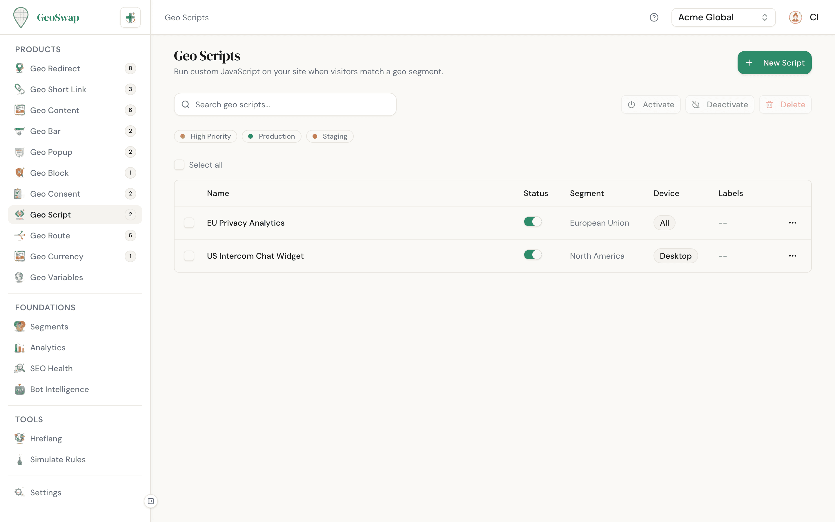 GeoSwap Geo Scripts dashboard showing custom script rules