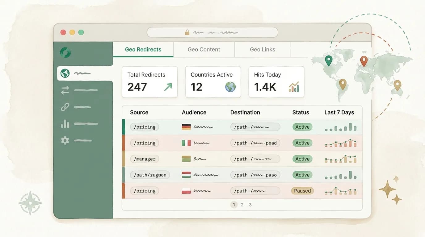 GeoSwap redirect dashboard showing Shopify geo-redirect rules by country
