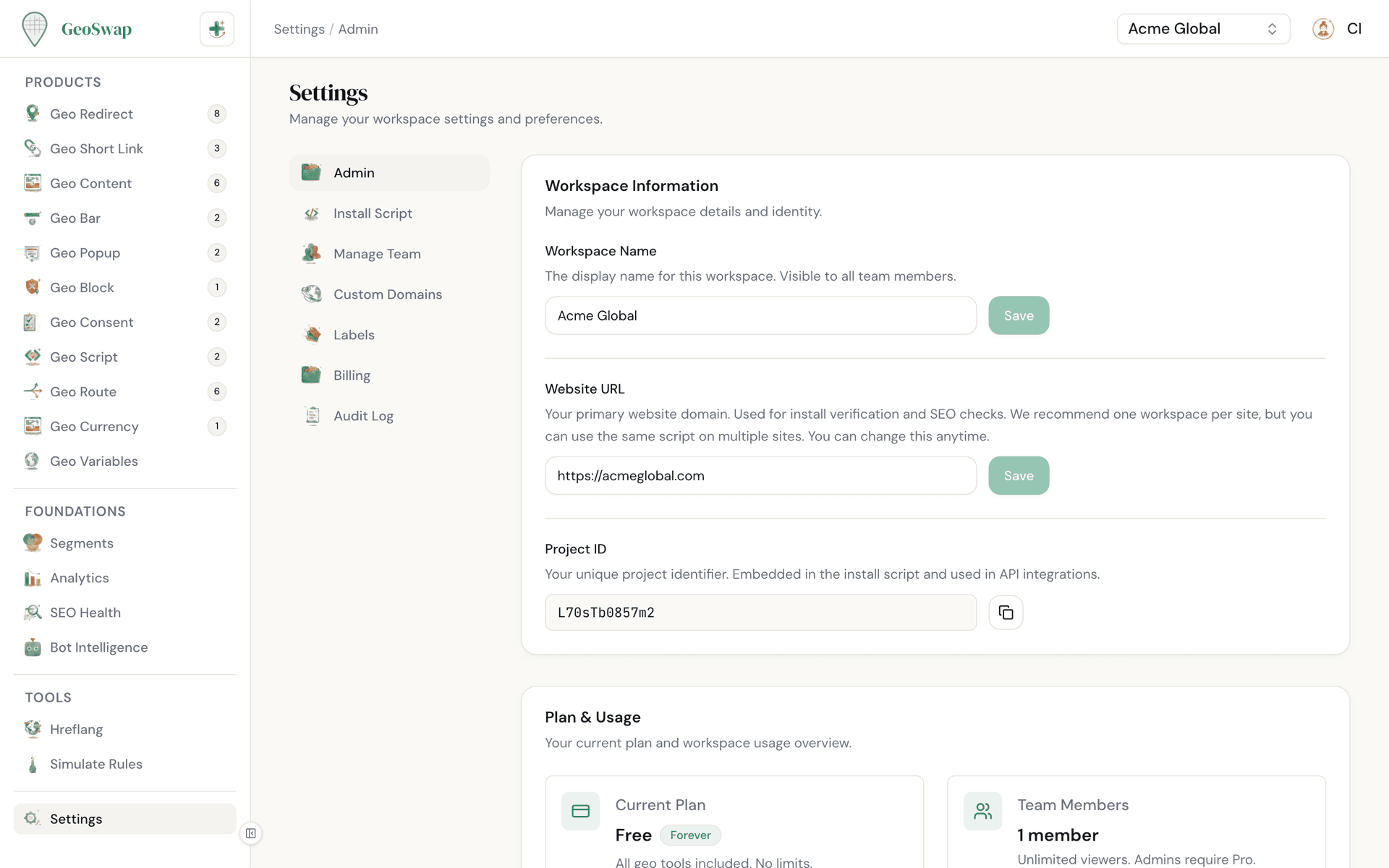 GeoSwap workspace admin settings panel