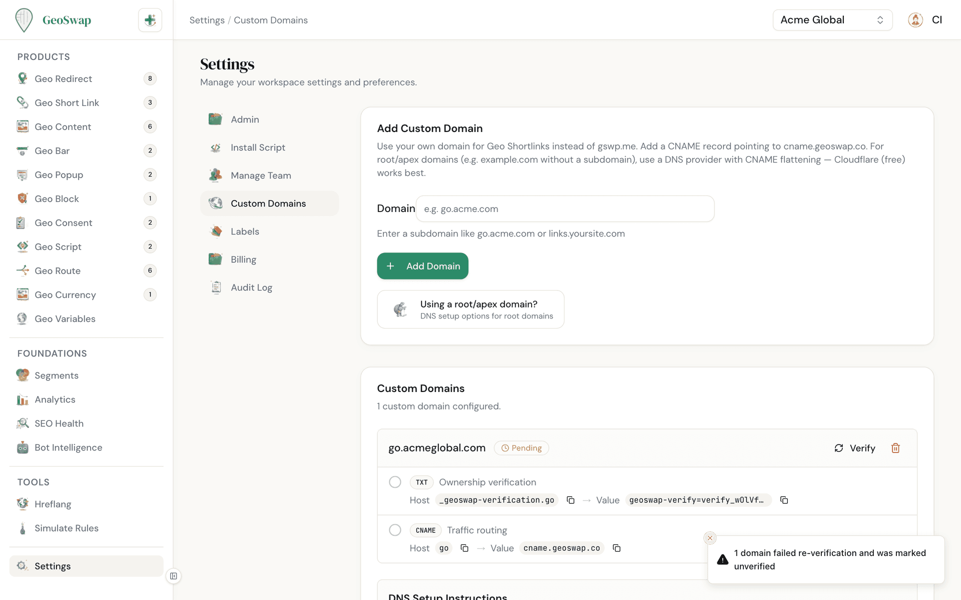 GeoSwap custom domains settings page showing domain verification status