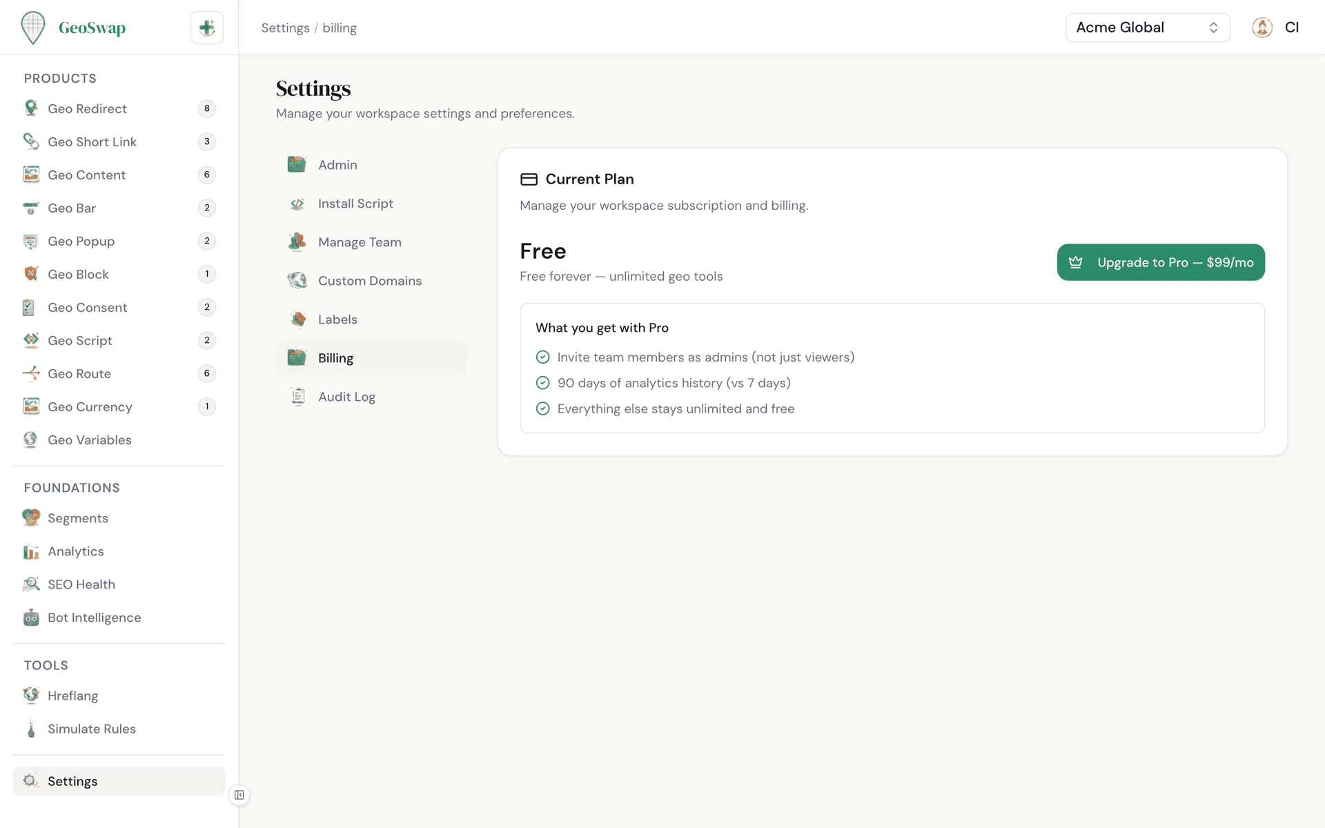 GeoSwap billing settings page showing current plan and upgrade option