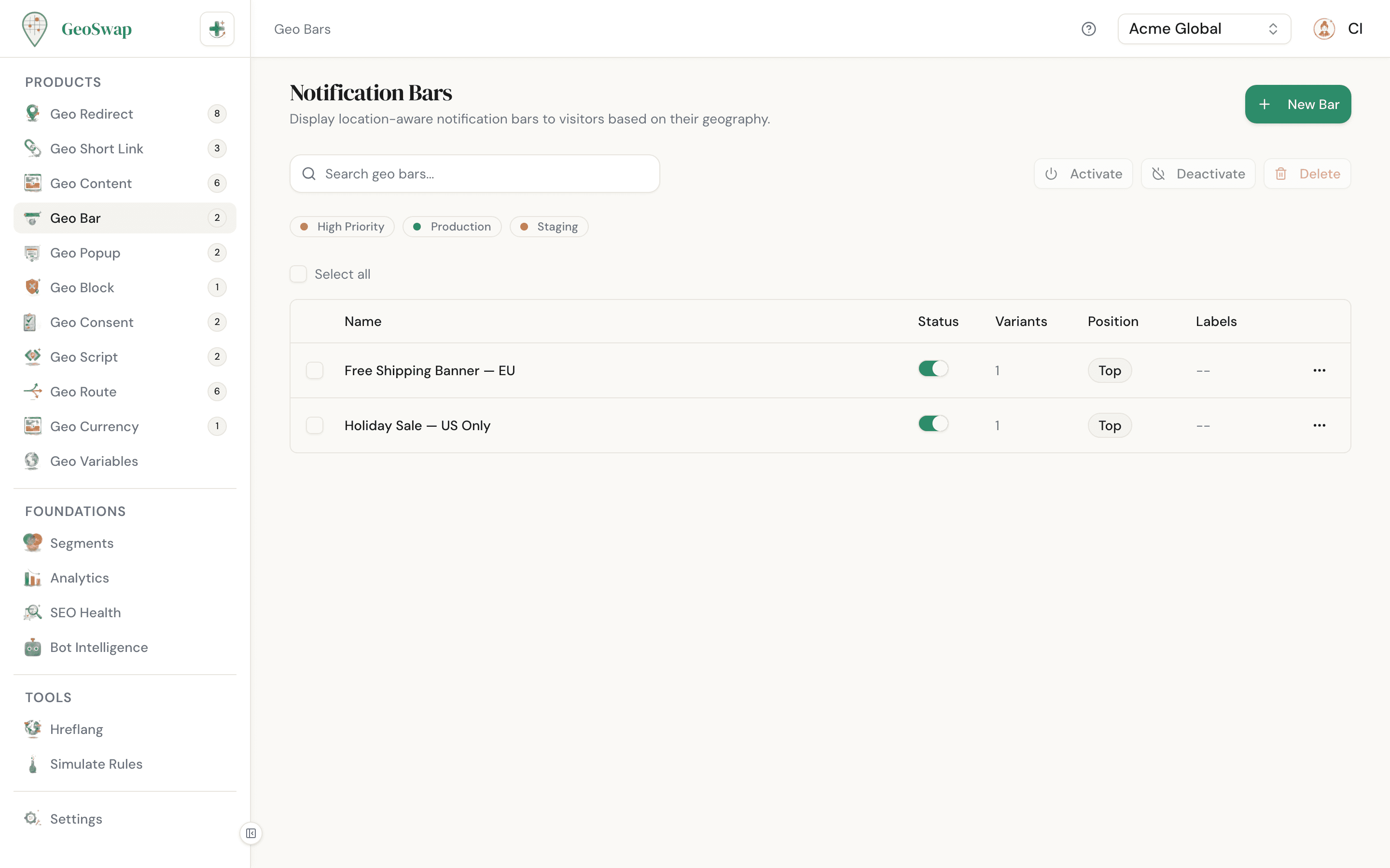 GeoSwap Geo Bars dashboard showing notification bar rules