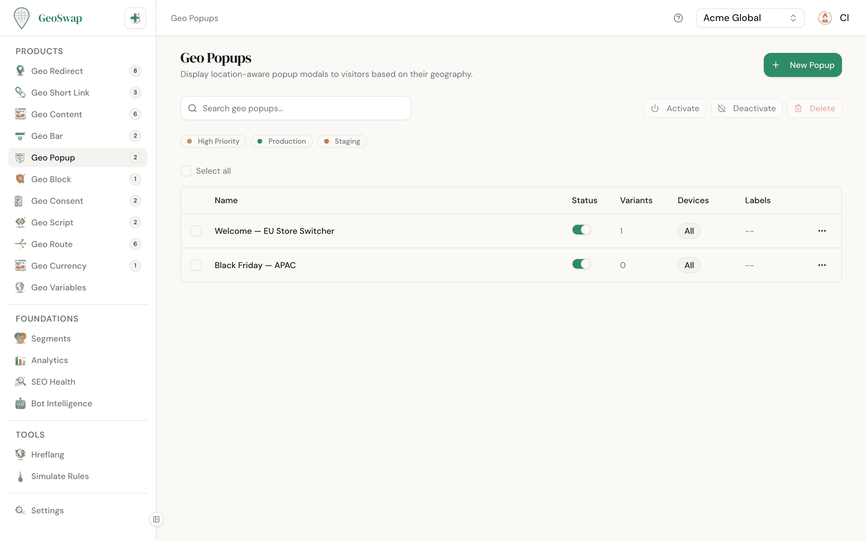 GeoSwap Geo Popups dashboard showing popup rules