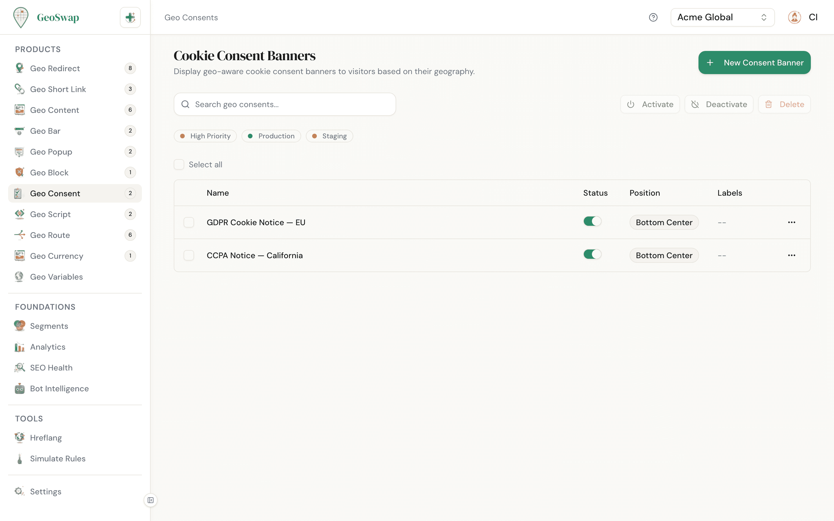 GeoSwap Geo Consents dashboard showing consent banner rules