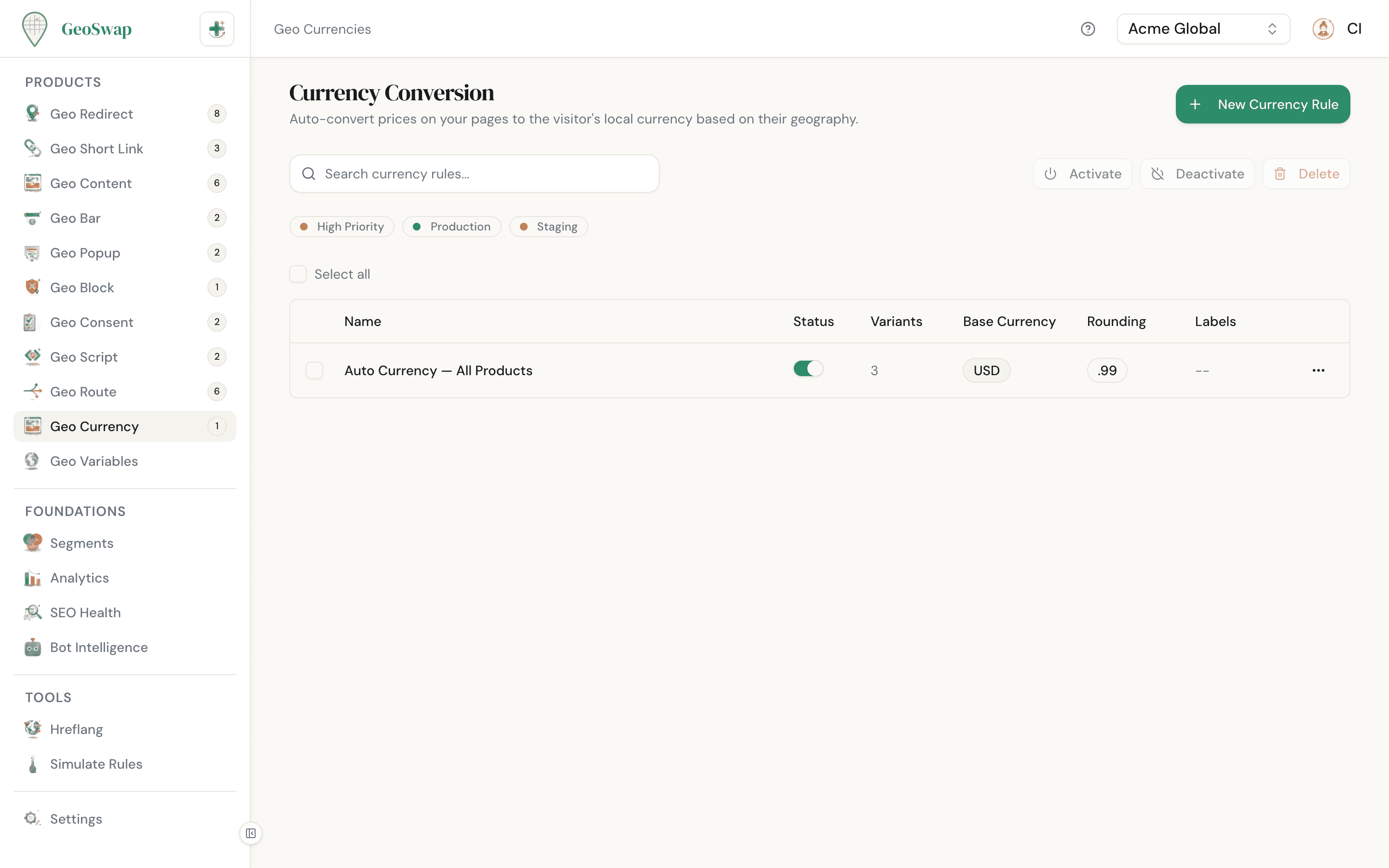 GeoSwap Geo Currencies dashboard showing currency conversion rules